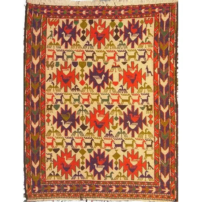 One Of The Kind Hand-Knotted Kilim Soumak 4'9" X 3'5"